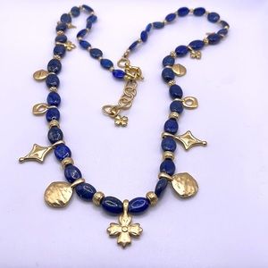 Patricia Nash lapis lazuli beaded long necklace antique Egyptian gold pendant